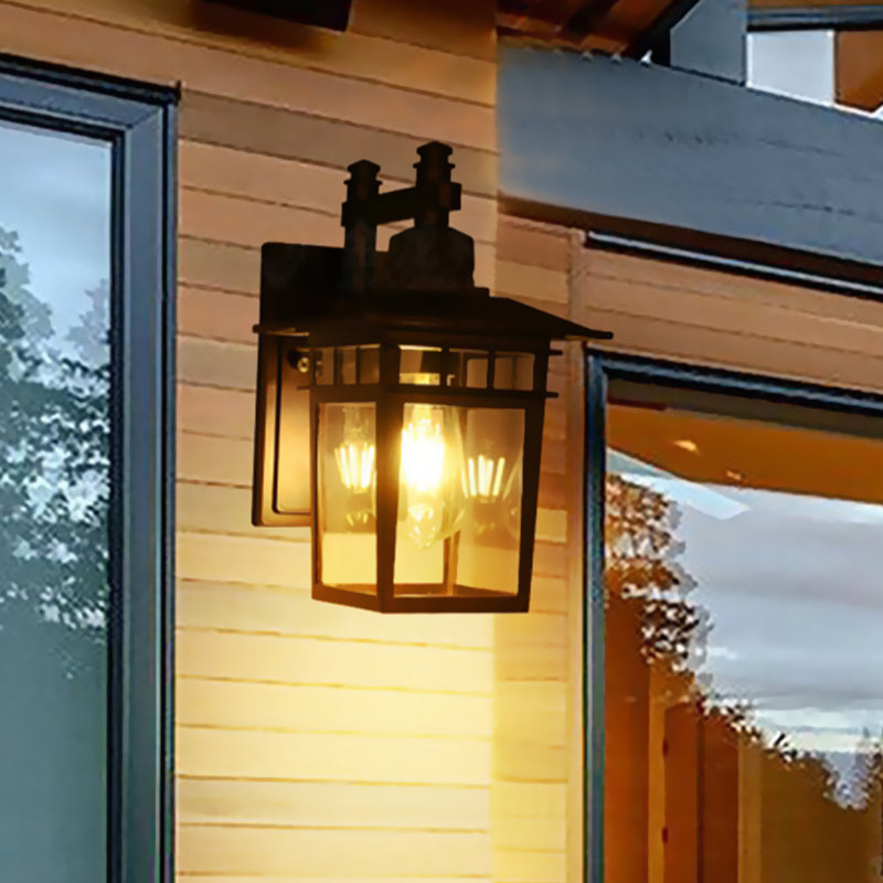 Sikunuo | Lantern Clear Glass Wall Hanging Lamp Industrial Single Bulb Veranda Wall Light in Black