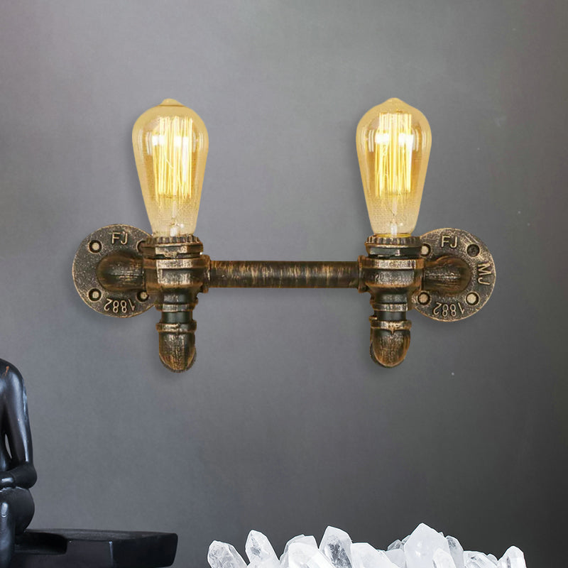 Sikunuo | Aged Brass 2 Lights Wall Sconce Light Rustic Industrial Wrought Iron Exposed Wall Mount Light