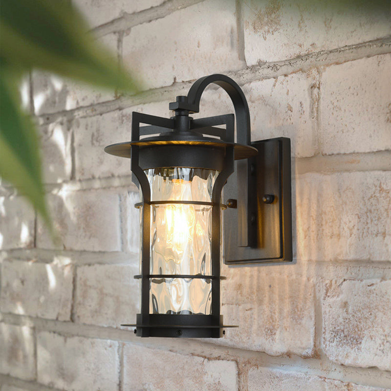 Sikunuo | Clear Glass Black Wall Light Square/Rectangle 1-Light Coastal Wall Lamp Fixture with Iron Cage