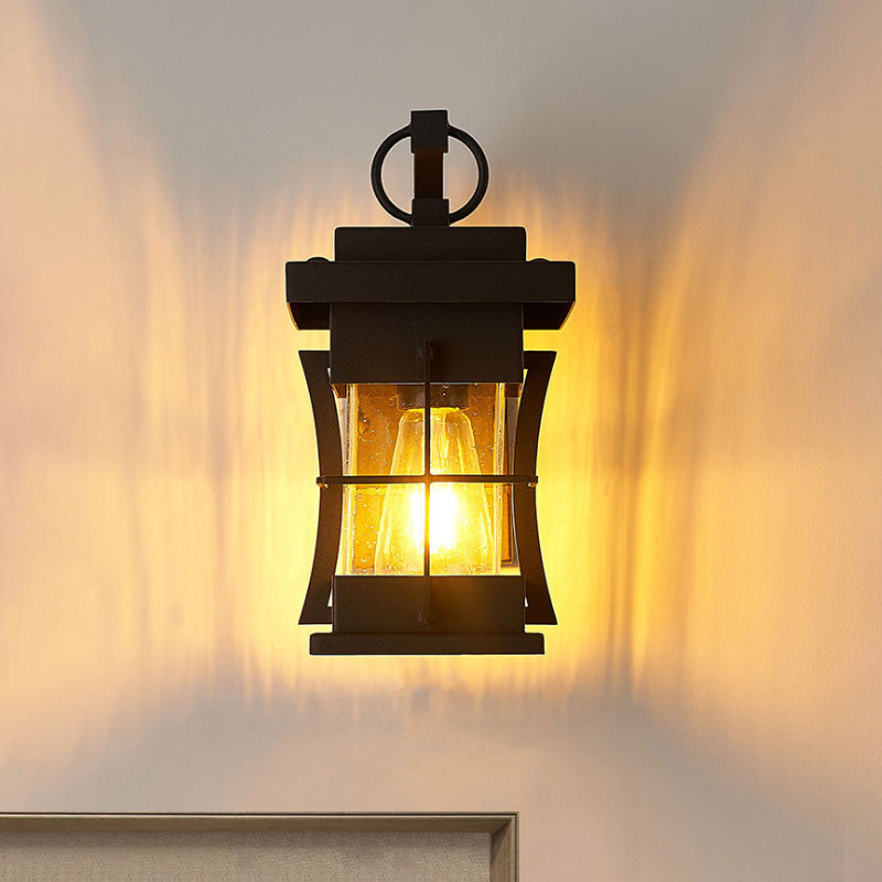 Sikunuo | Clear Glass Black Wall Light Square/Rectangle 1-Light Coastal Wall Lamp Fixture with Iron Cage