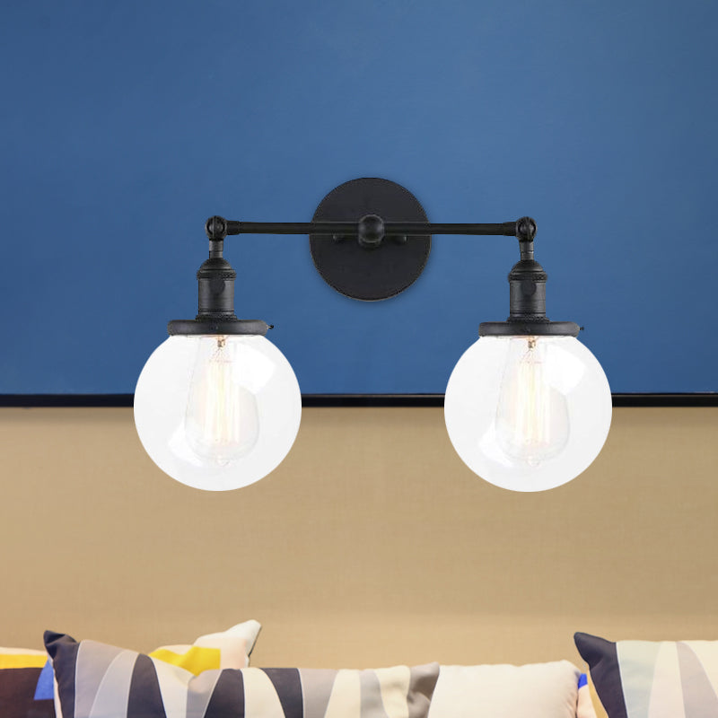 Sikunuo | Round Living Room Wall Light Industrial Clear Glass 2-Lamp Black/Brass Wall Lamp for the Office