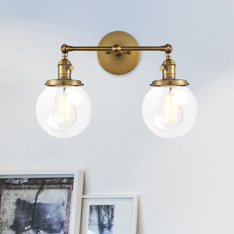 Sikunuo | Round Living Room Wall Light Industrial Clear Glass 2-Lamp Black/Brass Wall Lamp for the Office