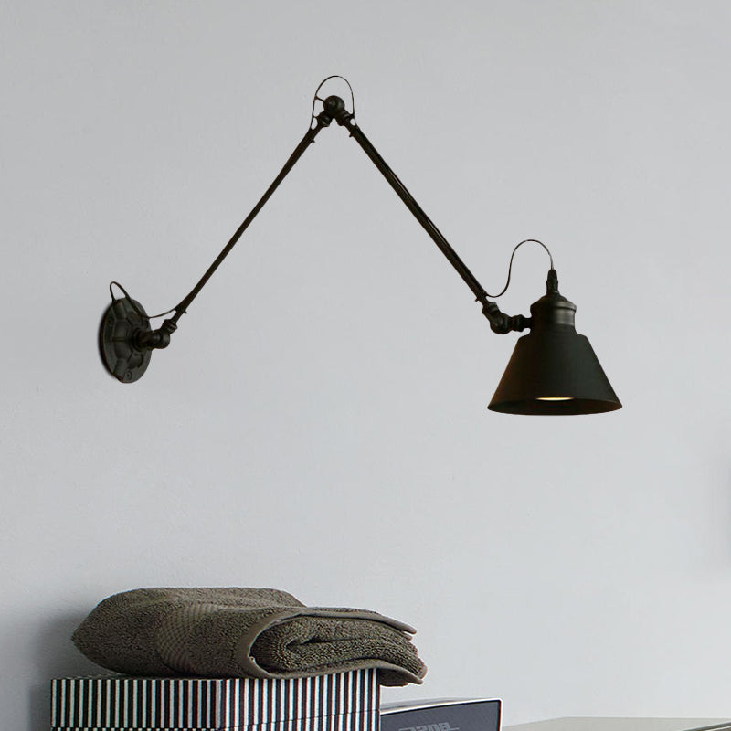 Sikunuo | 1 Head Cone-Shaped Wall Mount Retro Style Black/Chrome Metal Swing Arm Wall Light for the Study