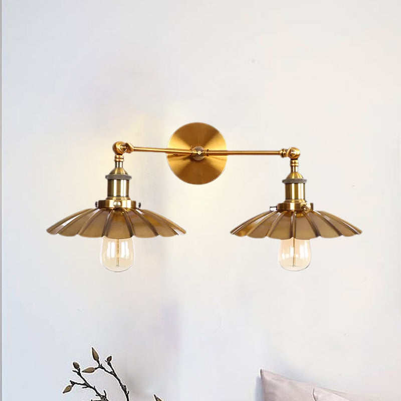 Sikunuo | Antique Stylish Ribbed Edge Wall Lamp 2 Heads Metal Wall Mounted Light in Brass/Rust for Bedroom