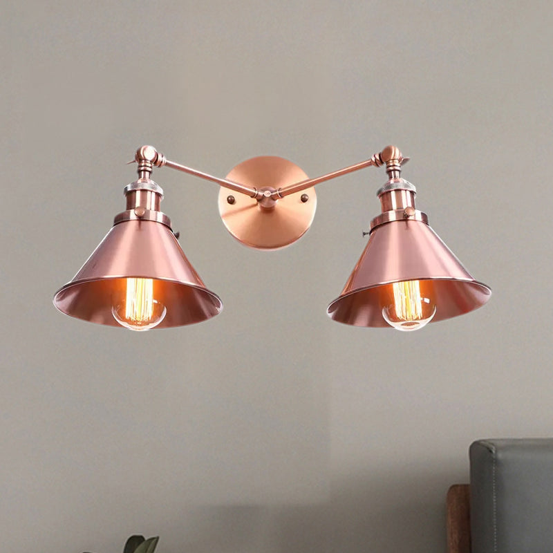 Sikunuo | Tapered Umbrella Iron Wall Mount Light Industrial Vintage 2 Heads Farmhouse Wall Mount Light in Black/Brass