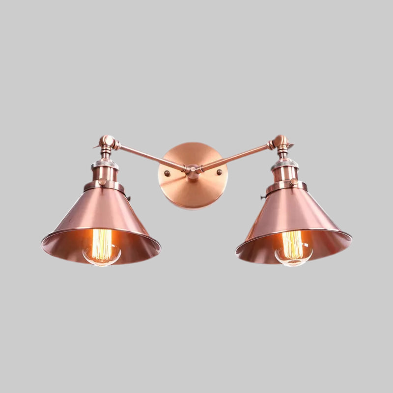 Sikunuo | Tapered Umbrella Iron Wall Mount Light Industrial Vintage 2 Heads Farmhouse Wall Mount Light in Black/Brass