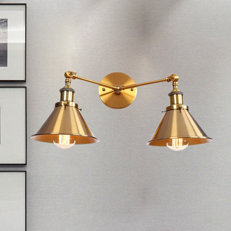 Sikunuo | Tapered Umbrella Iron Wall Mount Light Industrial Vintage 2 Heads Farmhouse Wall Mount Light in Black/Brass