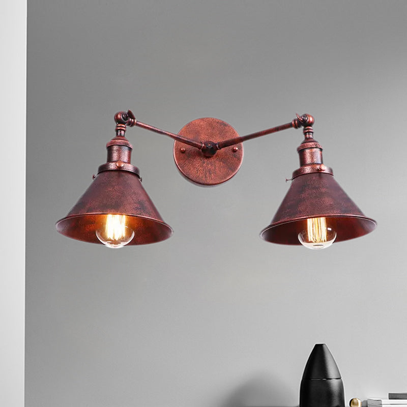 Sikunuo | Tapered Umbrella Iron Wall Mount Light Industrial Vintage 2 Heads Farmhouse Wall Mount Light in Black/Brass