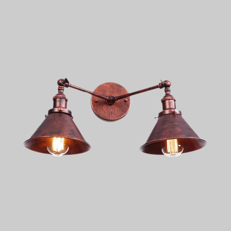 Sikunuo | Tapered Umbrella Iron Wall Mount Light Industrial Vintage 2 Heads Farmhouse Wall Mount Light in Black/Brass