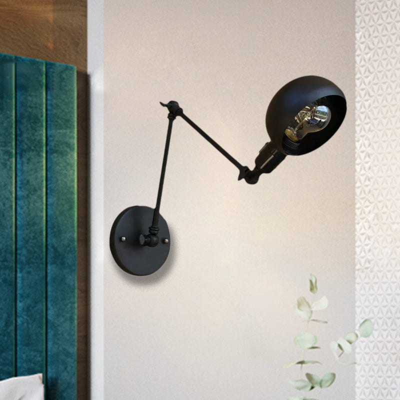 Sikunuo | 1 head wall-mounted light loft style dome shade metal adjustable wall lamp in black for bedroom