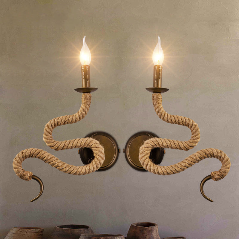 Sikunuo | Candle Holder Ropestone Wall Lamp with Curved Design Vintage 1 Light Bedroom Wall Mounted Lamp in Bronze