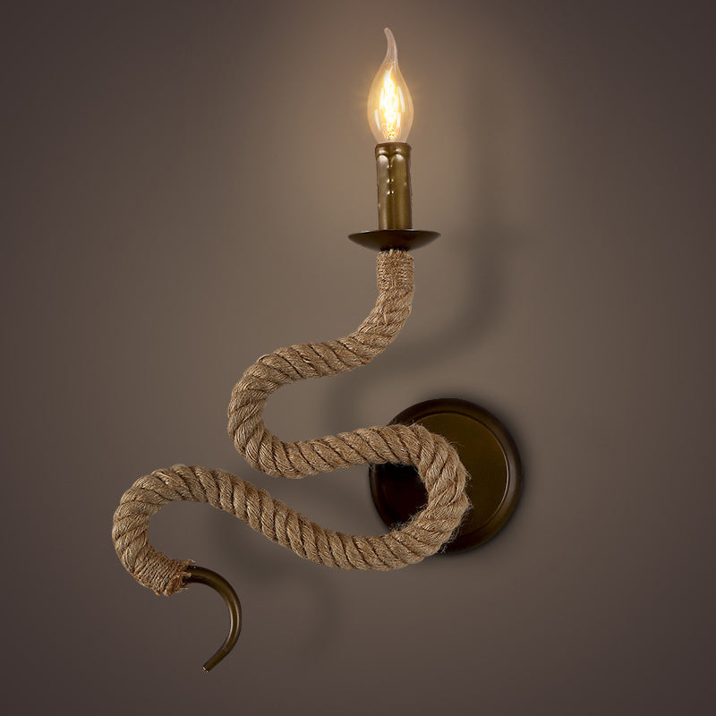 Sikunuo | Candle Holder Ropestone Wall Lamp with Curved Design Vintage 1 Light Bedroom Wall Mounted Lamp in Bronze