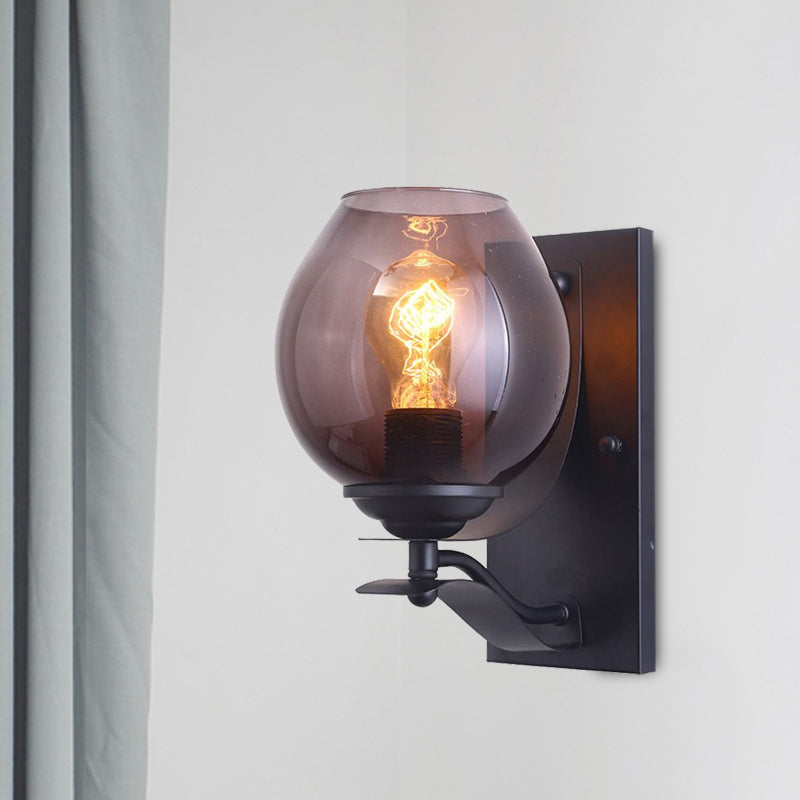 Sikunuo | A light wall lamp with ball shade gray glass industrial café lighting fixture in black