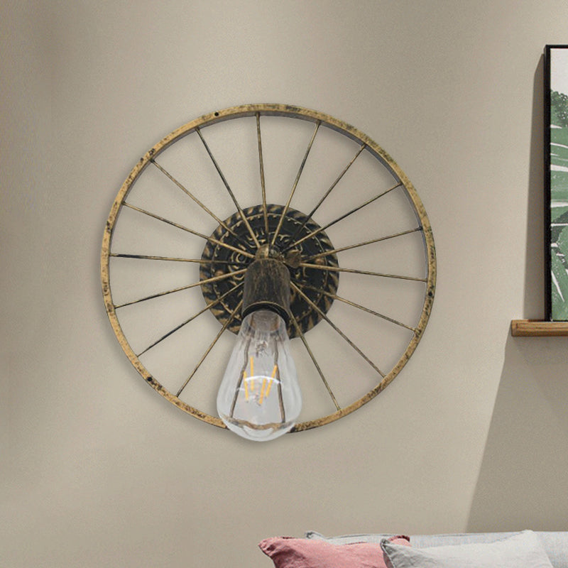 Sikunuo | Black/Bronze Wheel Design Wall Sconce Lamp with Open Bulb Farmhouse Style Metal 1 Light Restaurant Sconce Light
