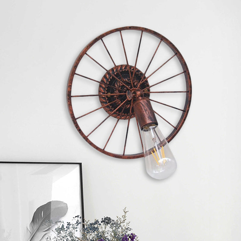 Sikunuo | Black/Bronze Wheel Design Wall Sconce Lamp with Open Bulb Farmhouse Style Metal 1 Light Restaurant Sconce Light
