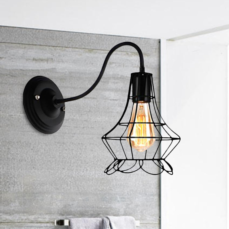 Sikunuo | Black 1 Light Wall Lamp Retro Style Metal Diamond/Star Wall Light with Cage Shade for Café