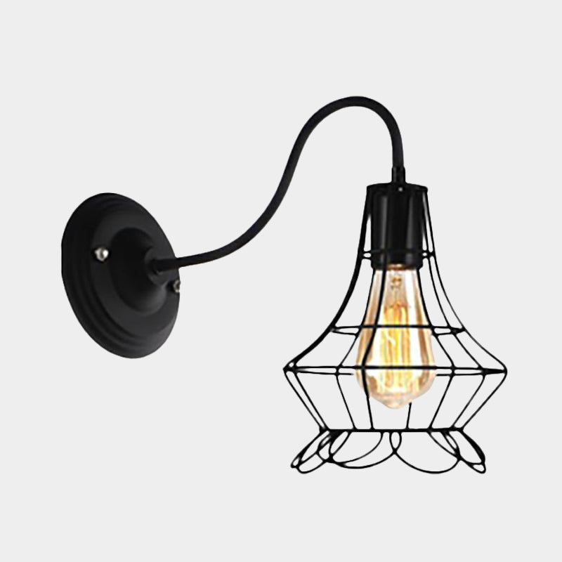 Sikunuo | Black 1 Light Wall Lamp Retro Style Metal Diamond/Star Wall Light with Cage Shade for Café