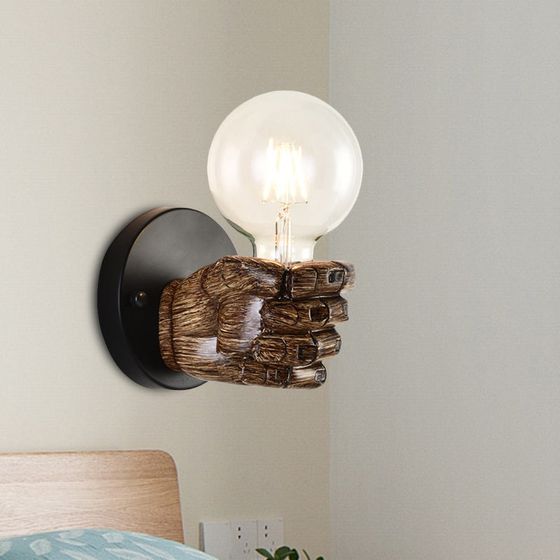 Sikunuo | Brown Hand Wall Lamp Single Light Retro Wood Wall Lamp with Globe Bulb for Hallway