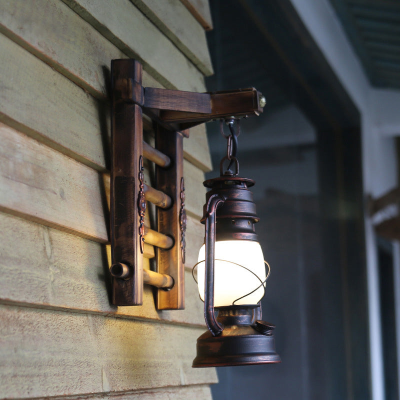 Sikunuo | Antique Copper Cylinder Wall Lighting Vintage Clear Glass 1 Light Porch Sconces Light with Cage and Wooden Backplate
