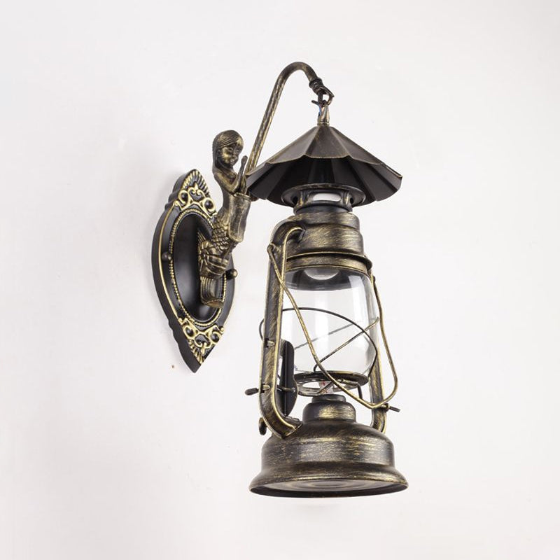 Sikunuo | Kerosene Clear Glass Wall Lamp Coast Single Bulb Living Room Sconces Lamp in Black/Antique Brass