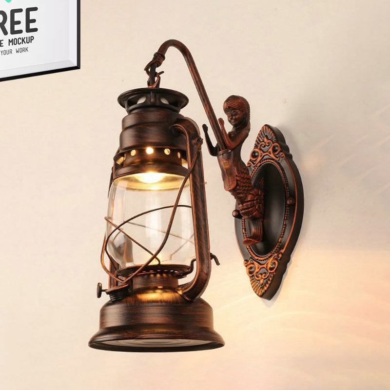 Sikunuo | One Bulb Wall Lamp with Lantern Shade Clear Glass Coast Bedroom Wall Lamp in Black/Antique Brass/Aged Copper with Mermaid