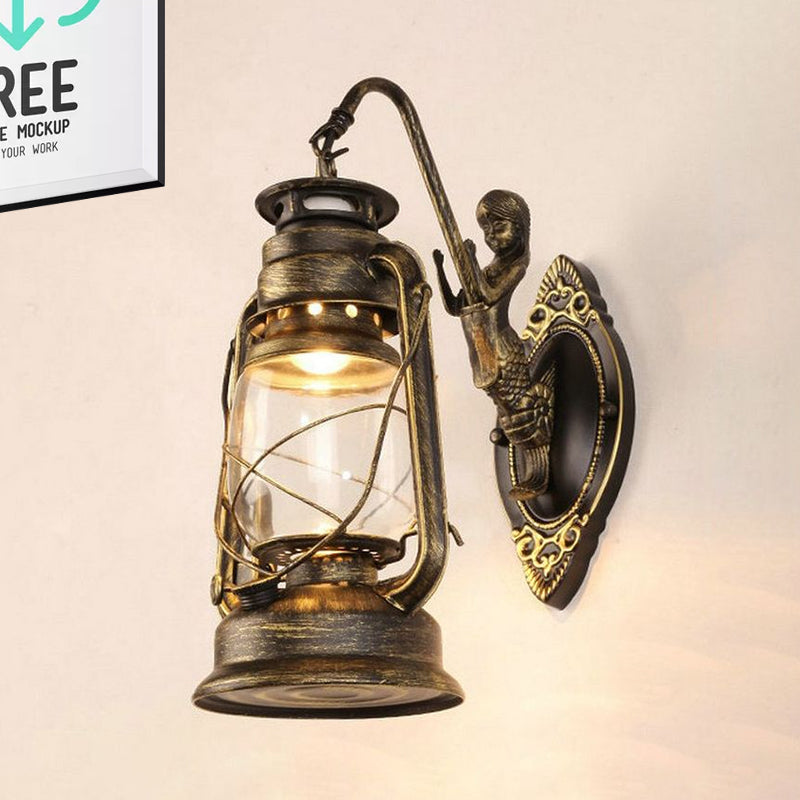Sikunuo | One Bulb Wall Lamp with Lantern Shade Clear Glass Coast Bedroom Wall Lamp in Black/Antique Brass/Aged Copper with Mermaid
