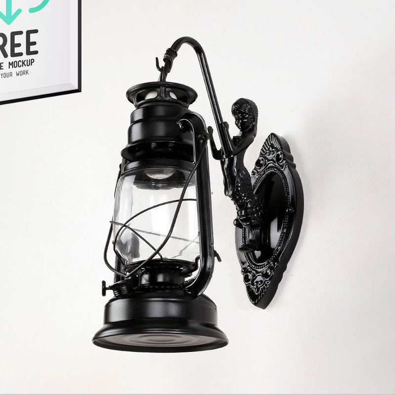 Sikunuo | One Bulb Wall Lamp with Lantern Shade Clear Glass Coast Bedroom Wall Lamp in Black/Antique Brass/Aged Copper with Mermaid