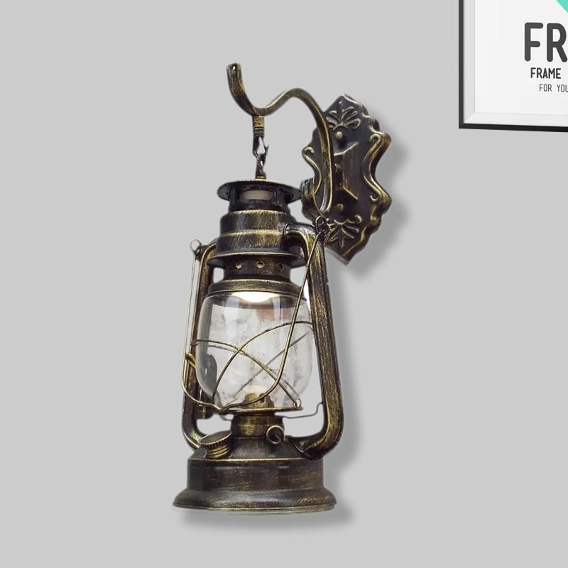 Sikunuo | Clear Glass Black/Antique Brass Wall Lamp Lantern 1-Light Coastal Light for Veranda