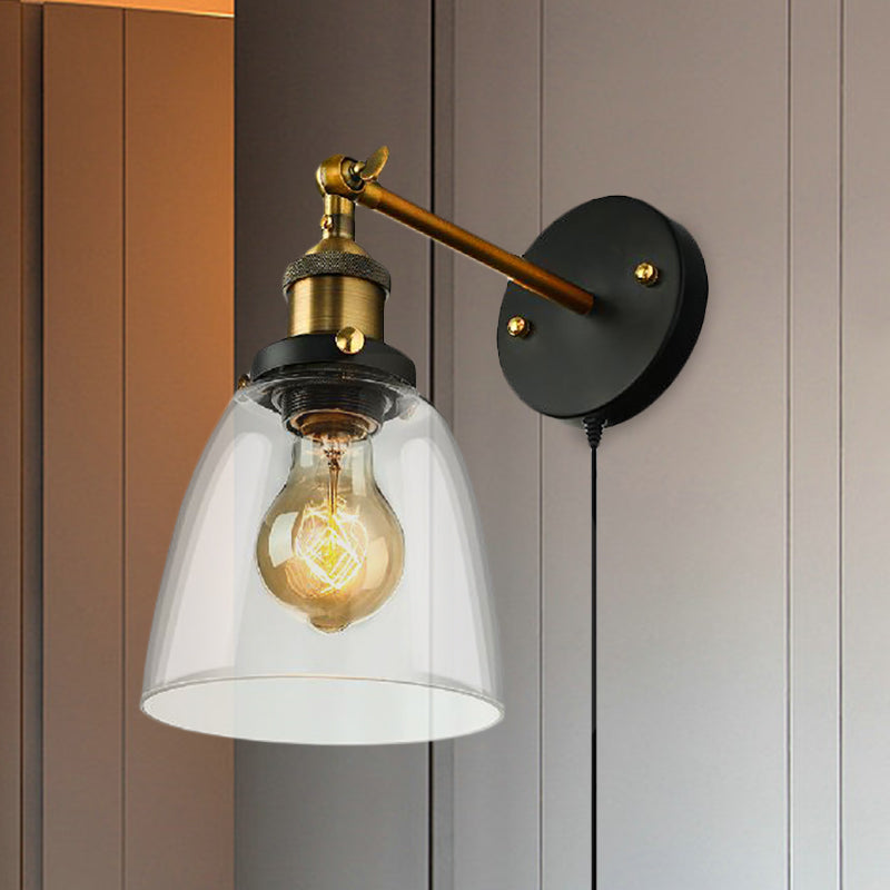 Sikunuo | Tapered Bedroom Wall Light Lighting Decoration Rustic Clear Glass 1 Light Black Wall Lamp with Plug Cable