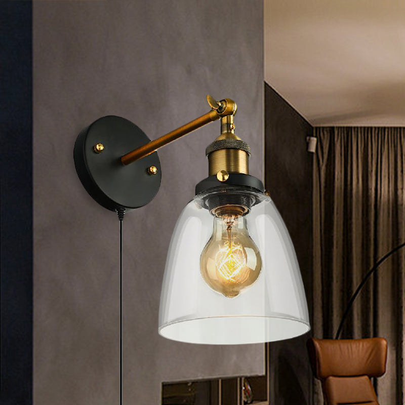 Sikunuo | Tapered Bedroom Wall Light Lighting Decoration Rustic Clear Glass 1 Light Black Wall Lamp with Plug Cable