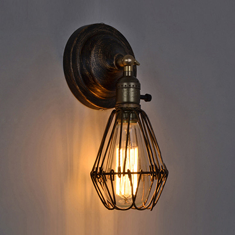 Sikunuo | 1 Light Bulb Wire Cage Wall Light Country House Style Stylish Antique Brass Wrought Iron Wall Light Lighting for Restaurant