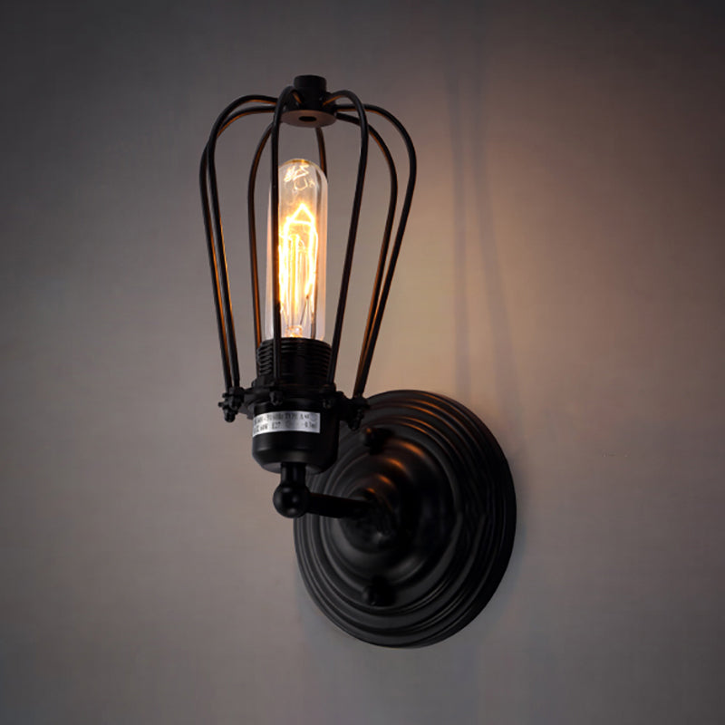 Sikunuo | 1 Head Wall Scone Light with Bulb Cage Shade Metal Industrial Rustic Hallway Wall Lighting in Black, 2 Packs