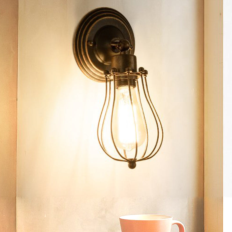 Sikunuo | 1 Head Iron Wall Lamp Farmhouse Style Dark Rust Wire Protection Café Mini Wall Light