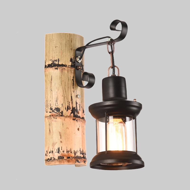 Sikunuo | A wall lamp with a clear glass lantern in industrial style, wall lamp for the dining room in black with a bamboo backplate