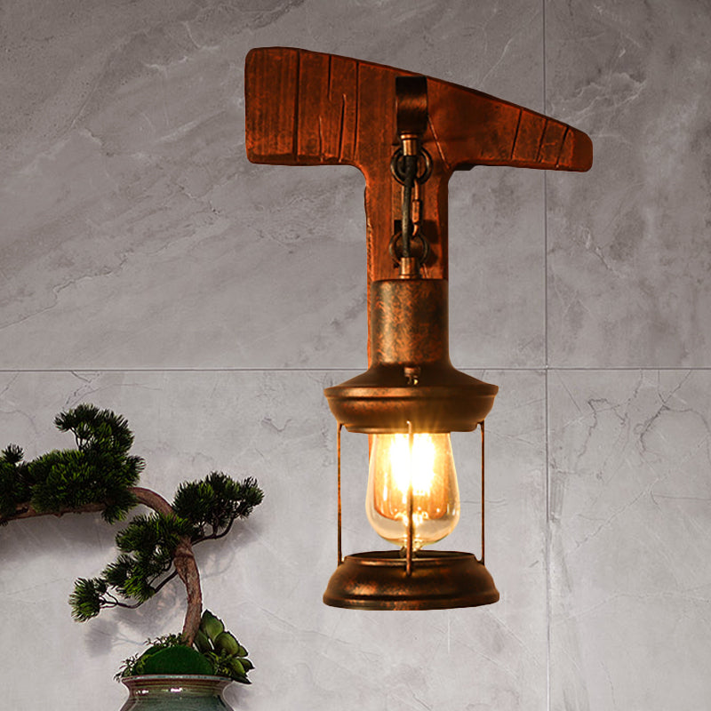 Sikunuo | Rust One-Light Wall Light Coastal Clear Glass Lantern Lighting Fixture with Wood Back Plate