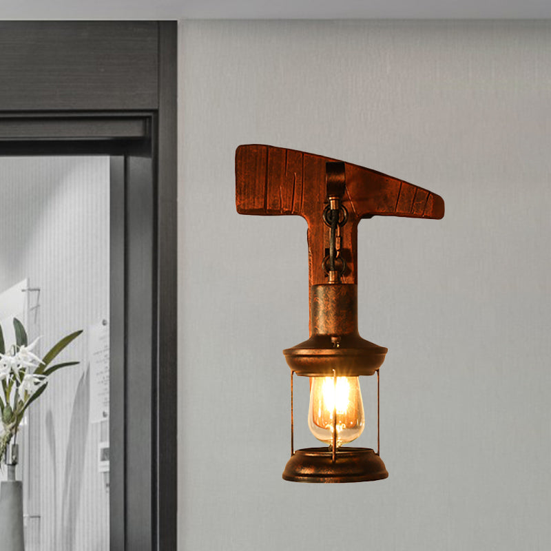 Sikunuo | Rust One-Light Wall Light Coastal Clear Glass Lantern Lighting Fixture with Wood Back Plate
