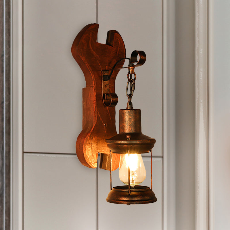 Sikunuo | Rust One-Light Wall Light Coastal Clear Glass Lantern Lighting Fixture with Wood Back Plate