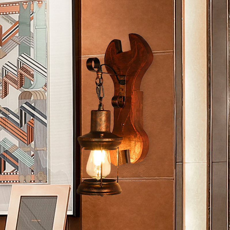 Sikunuo | Rust One-Light Wall Light Coastal Clear Glass Lantern Lighting Fixture with Wood Back Plate