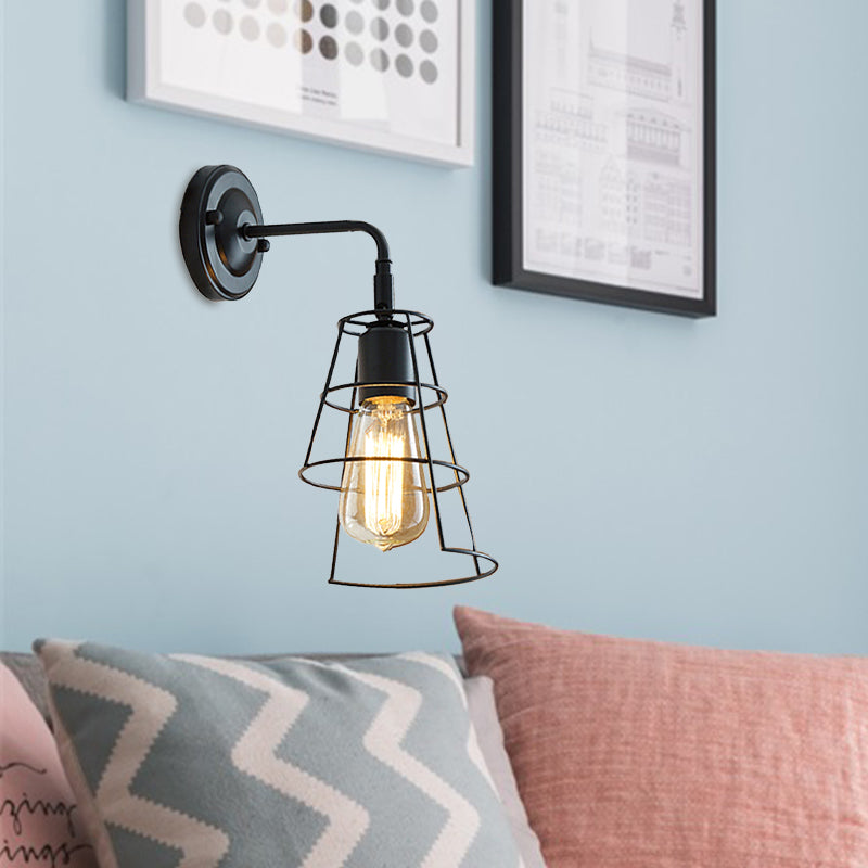 Sikunuo | Vintage Style Conic Cage Wall Lamp with Curved Arm 1 Light Metal Wall Lamp in Black/White