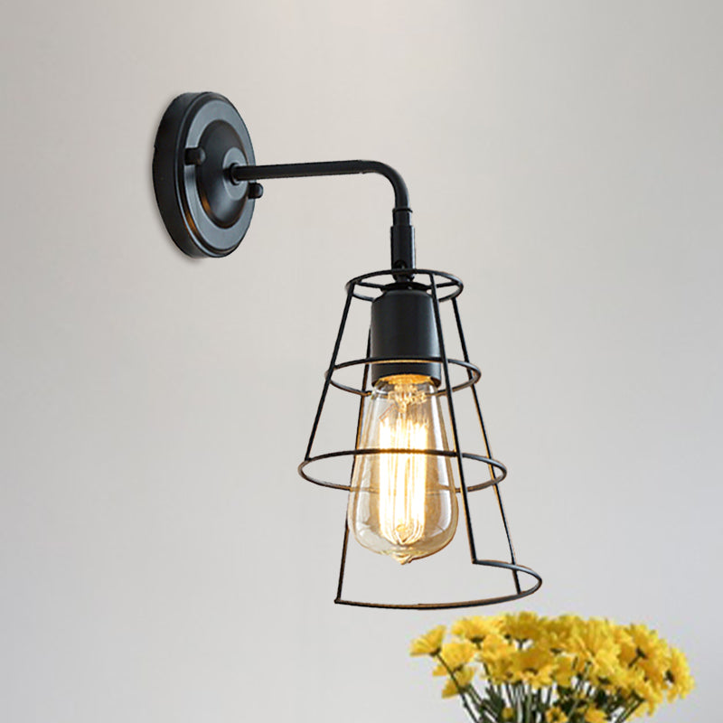 Sikunuo | Vintage Style Conic Cage Wall Lamp with Curved Arm 1 Light Metal Wall Lamp in Black/White