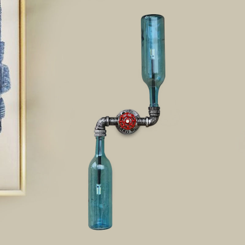 Sikunuo | Glass Gray/Blue Wall Light Wine Bottle 2 Lights Industrial Style Wall Mount Light for Living Room
