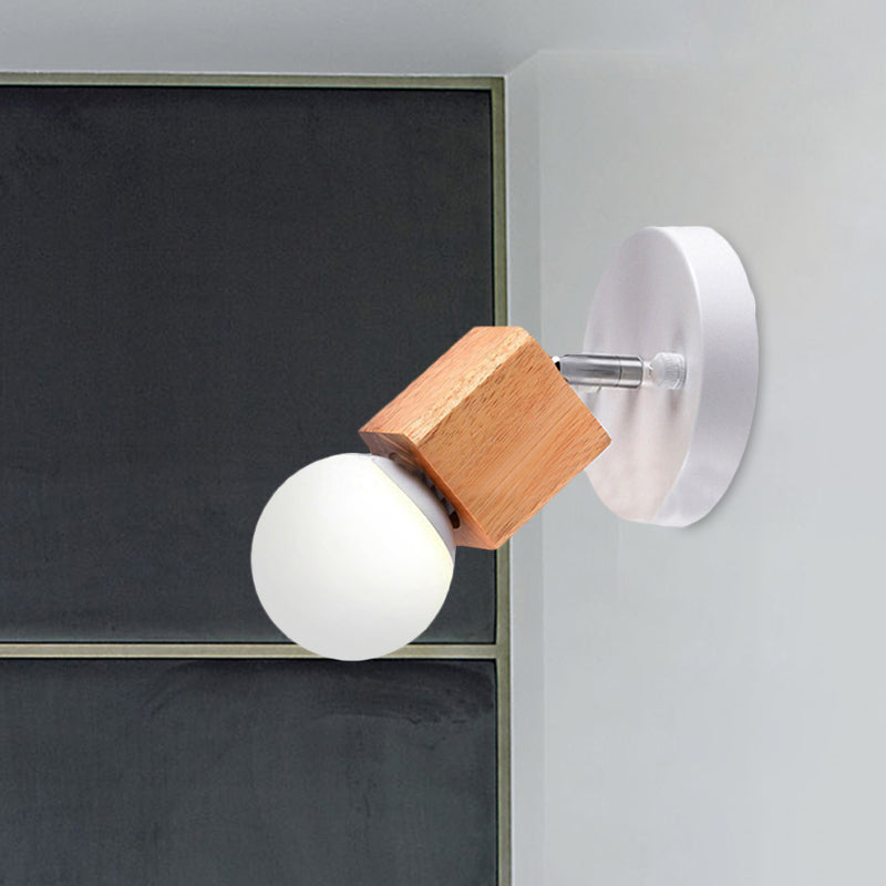 Sikunuo | Black/White 1 Head Wall Lamp Sconces Industrial Style Wooden Square Wall Mount Light with Circular Wall Plate