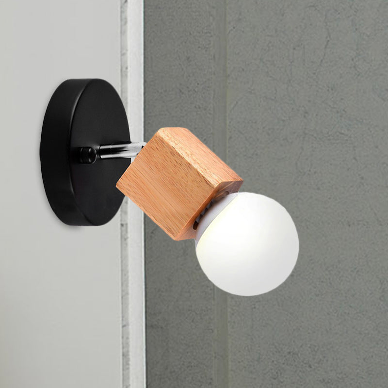 Sikunuo | Black/White 1 Head Wall Lamp Sconces Industrial Style Wooden Square Wall Mount Light with Circular Wall Plate
