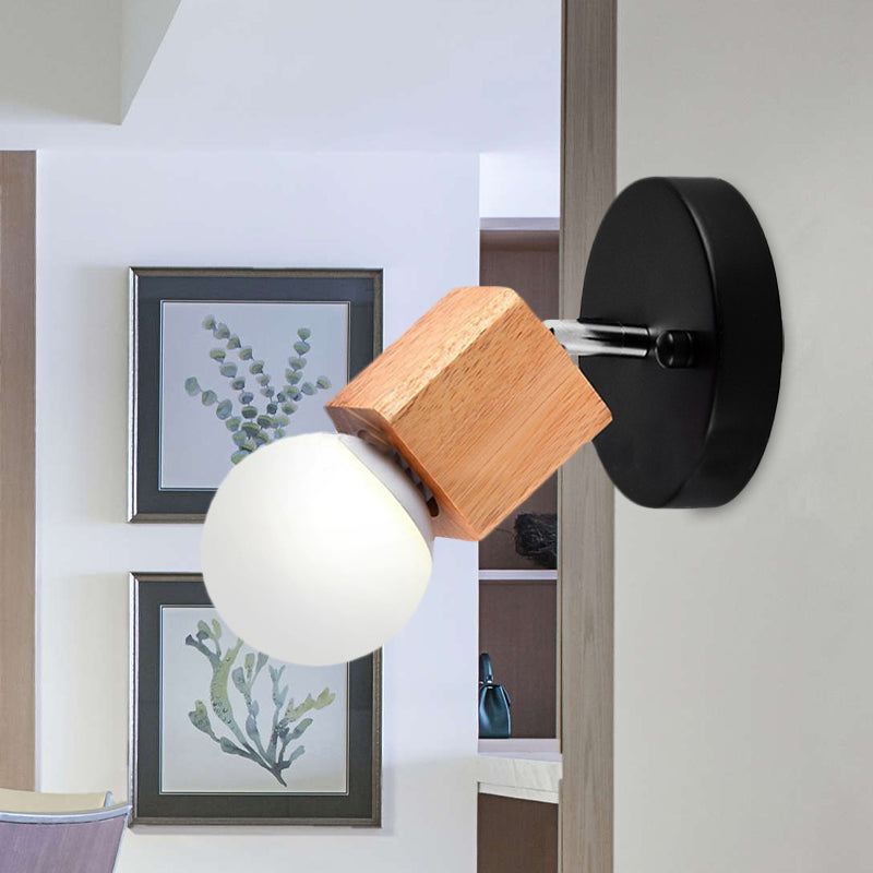Sikunuo | Black/White 1 Head Wall Lamp Sconces Industrial Style Wooden Square Wall Mount Light with Circular Wall Plate