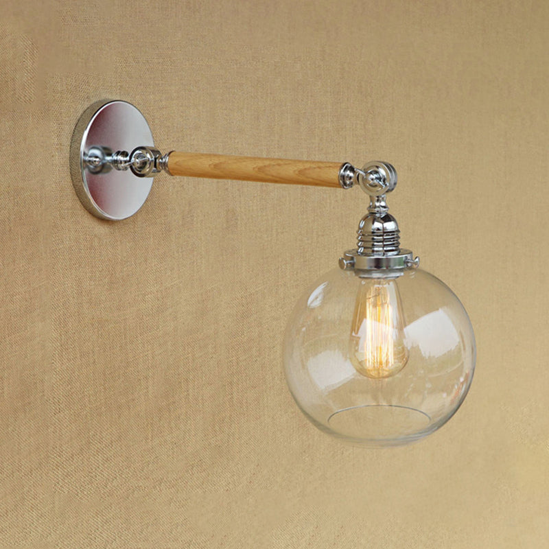Sikunuo | Vintage Orb Wall Light Fixture 1 Lamp Clear Glass Wall Lamp in Chrome for Bathroom, 8"/4"/6" Wide Wooden Arm
