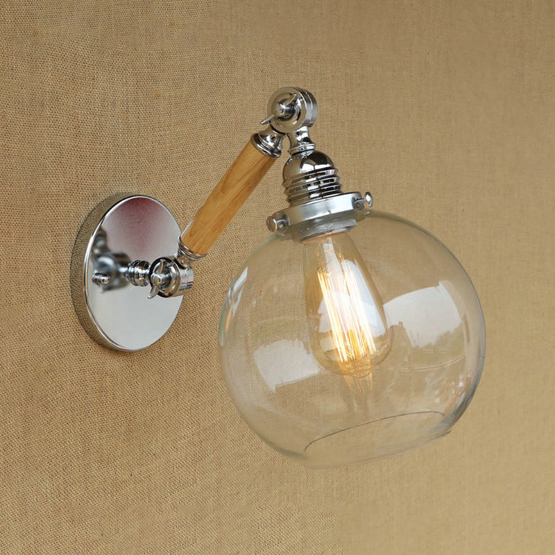 Sikunuo | Vintage Orb Wall Light Fixture 1 Lamp Clear Glass Wall Lamp in Chrome for Bathroom, 8"/4"/6" Wide Wooden Arm