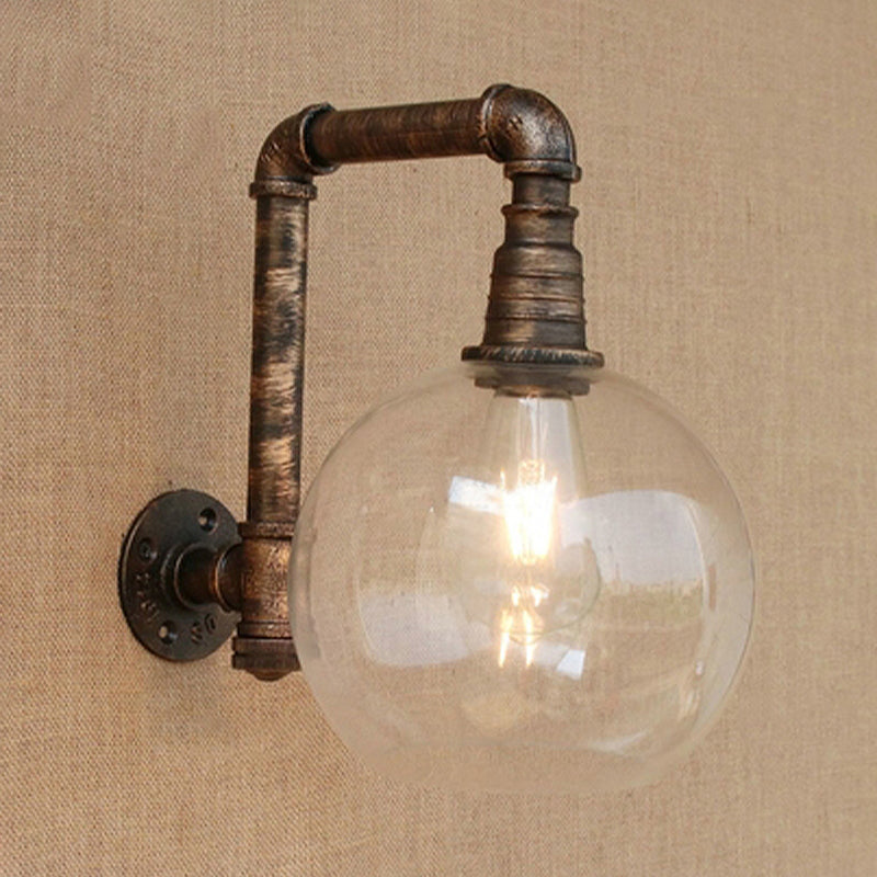 Sikunuo | Globe Stairway Wall Lamp Industrial Clear Glass 1 Light Aged Brass Wall Mounted Light with Corner Pipe, 8"/10" Width
