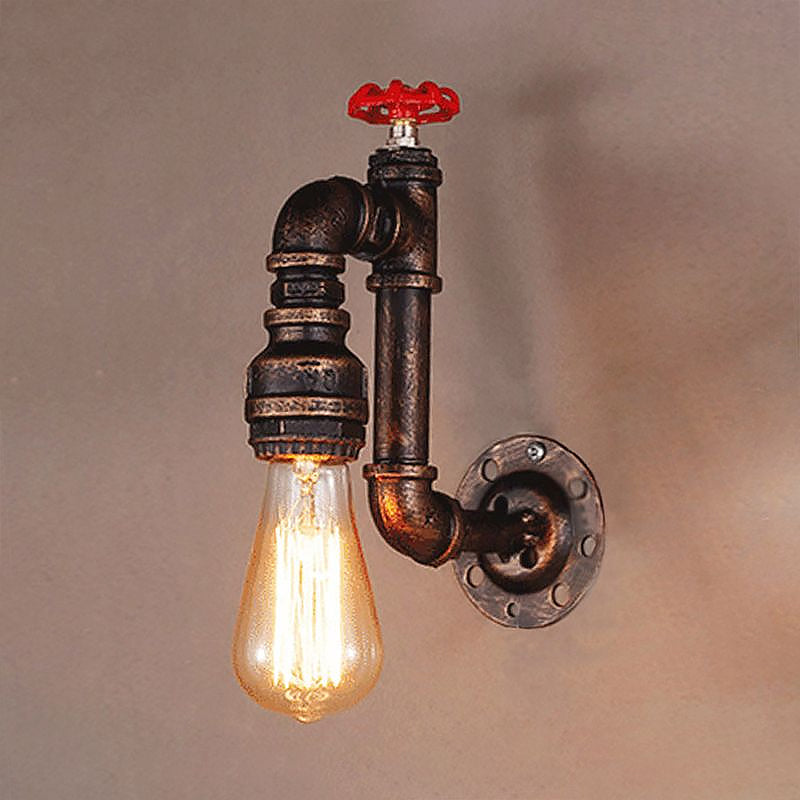 Sikunuo | Rustic Style Pipe Wall Sconce with Valve Wheel 1 Bulb Wrought Iron Wall Mounted Light in Bronze