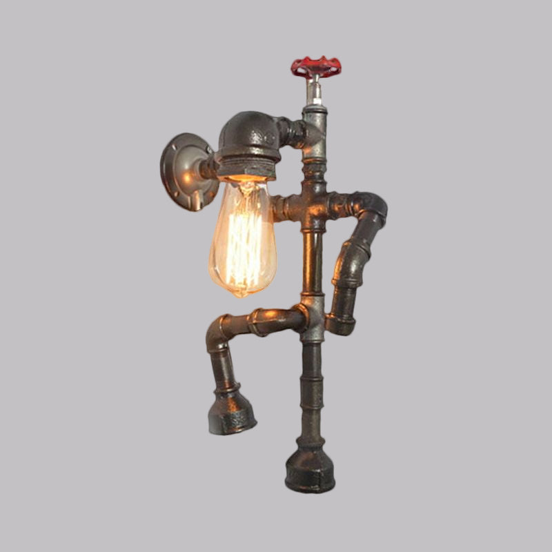Sikunuo | Bronze Finish Robot Sconce Light with Expose Bulb and Red Valve Vintage Metallic 1 Head Corridor Wall Lighting