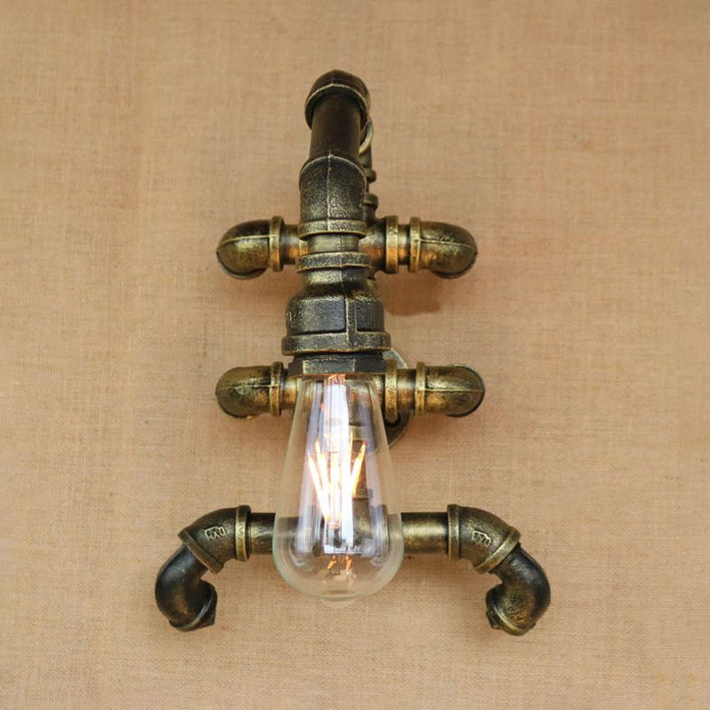 Sikunuo | Expose Bulb Bathroom Wall Lighting Steampunk Iron 1 Light Antique Brass Wall Lamp with Curved Pipe